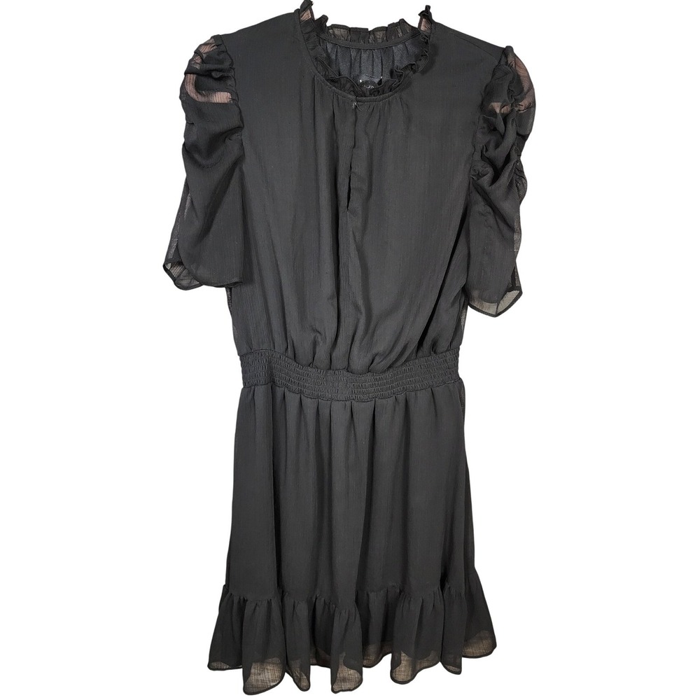 MSK Dress Women L Black Chiffon Ruffle Neck Smocked Waist Puff Sleeve Mini